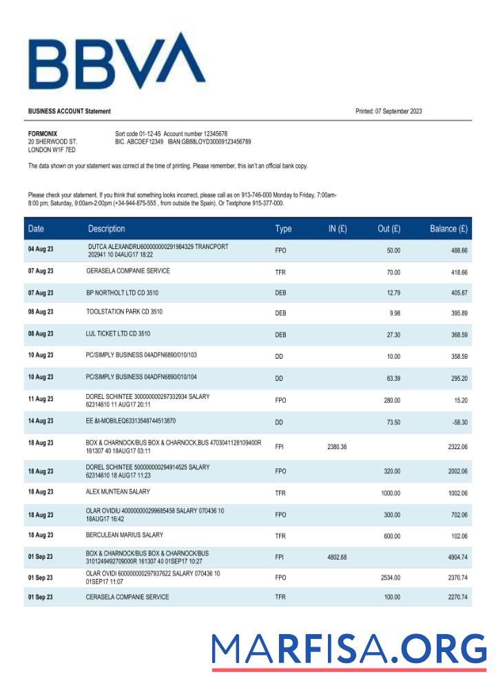Blank BBVA Bank organization statement Word and PDF template